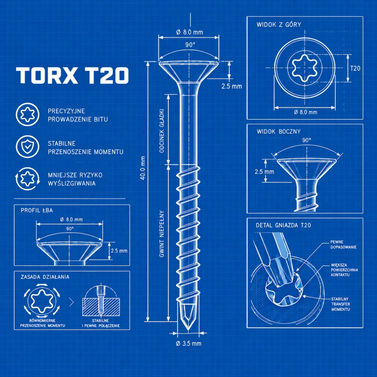Infografika TORX T20 — kształt gniazda, profil łba i prowadzenie bitu